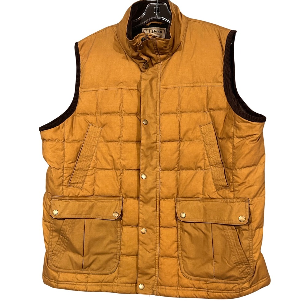 VTG LL Bean Mens Duck Down Insulated Quilted Vest Mustard Tan XL 296114